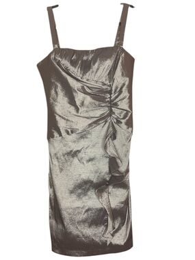 R&M Richards Metallic Silver gray Ruched Ruffle Cocktail Mini Dress